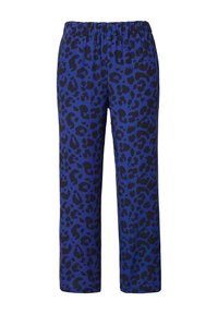Blauwe luipaardprintbroek met een elastische tailleband, rechte snit en zwarte vlekken, gemaakt van een gladde stof. Geen zakken of zichtbare hardware.