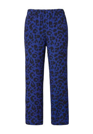 Blaue Leopardenmuster-Hose mit elastischem Bund, geradem Schnitt und schwarzen Punkten, aus einem glatten Stoff gefertigt. Keine Taschen oder sichtbare Beschläge.