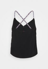 Czarny top na ramiączkach z zaokrąglonym dołem, z plecami w kształcie krzyża oraz napisem "TOMMY JEANS" w kolorze czerwonym i białym. Miękki materiał o gładkiej fakturze.