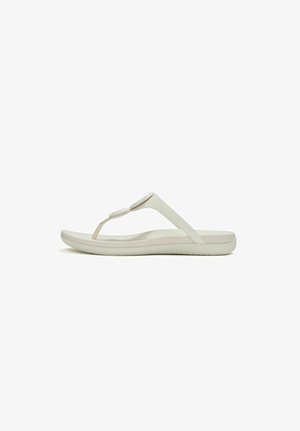 Beige thong sandal with a cushioned sole and wide straps, designed for casual wear and comfort.
