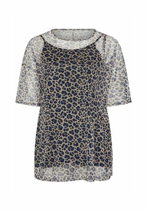 Sheer top featuring a leopard print with blue and dark brown spots on a beige background, short sleeves, and a rounded neckline.