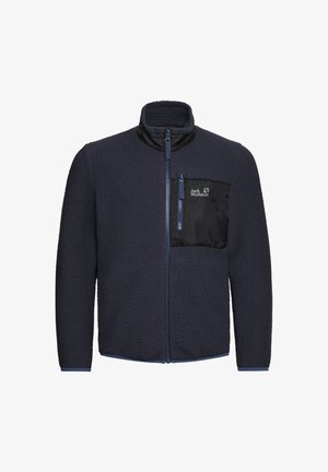 Temno modra flis jakna z zadrgo spredaj po celotni dolžini in črnim prsniim žepom z zadrgo ter logotipom Jack Wolfskin.