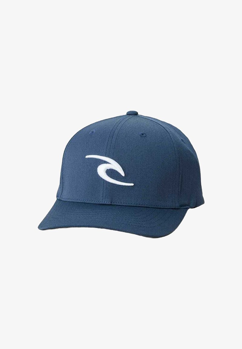 Cappellino da baseball blu navy in tessuto, con un logo bianco a forma di onda sul davanti, visiera curvata e fascia regolabile.