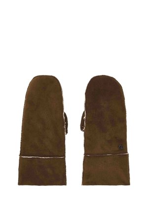 Pair of brown fleece mittens with a button detail on the wrist area, shown flat with thumbs visible on a white background.