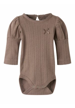Brown knitted baby bodysuit with long puff sleeves, small bow detail on chest, and snap buttons at the crotch.