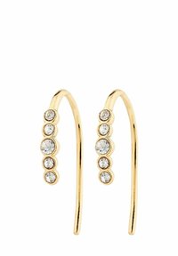 Boucles d'oreilles dorées au design incurvé, agrémentées de six pierres transparentes serties sur un côté, créant un look délicat et moderne.