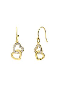 Boucles d'oreilles en métal doré en forme de cœur, présentant deux cœurs entrelacés ornés de cristaux transparents, suspendus à un fermoir à crochet.