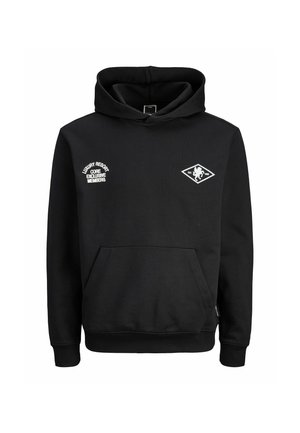 Hanorac negru dintr-un material din amestec de bumbac. Prezintă un buzunar frontal tip cangur, mansete ribbate și grafica brodată pe piept.