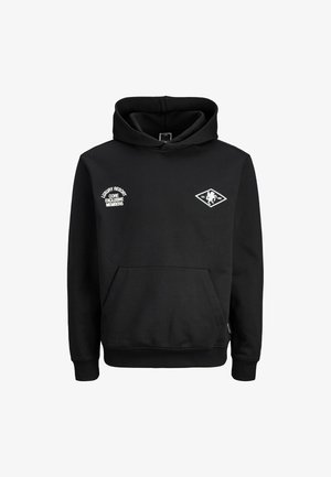 Sudadera negra hecha de material de mezcla de algodón. Presenta un bolsillo frontal tipo canguro, puños acanalados y gráficos bordados en el pecho.