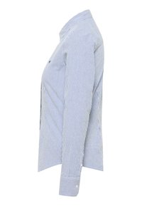 Striped button-up shirt in light blue and white, featuring a collared neckline, long sleeves, and a straight-cut design. Textured fabric.