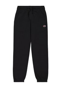 Zwarte sweatpants met een elastische tailleband en trekkoord, voorzien van een klein rood en wit logo aan de linkerkant. Boorden bij de enkels.