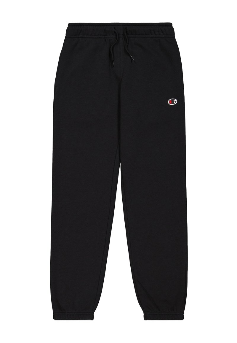 Zwarte sweatpants met een elastische tailleband en trekkoord, voorzien van een klein rood en wit logo aan de linkerkant. Boorden bij de enkels.