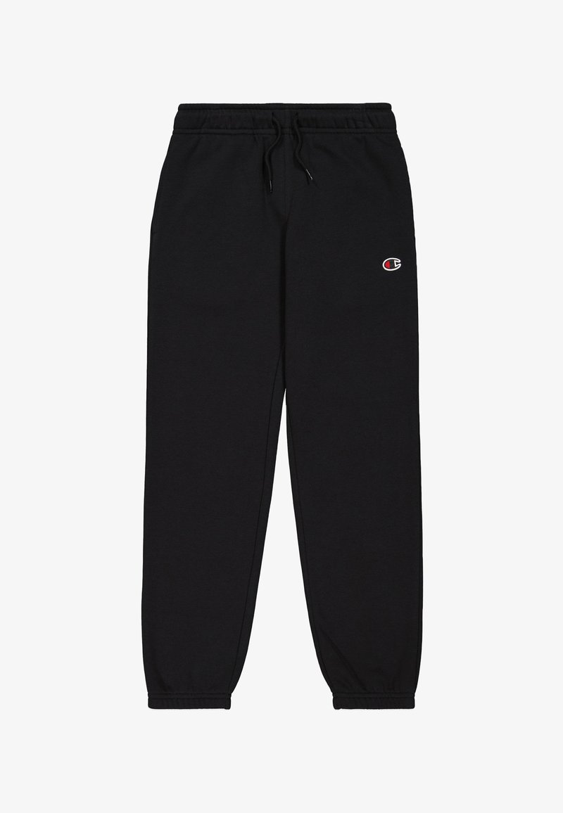 Zwarte sweatpants met een elastische tailleband en trekkoord, voorzien van een klein rood en wit logo aan de linkerkant. Boorden bij de enkels.