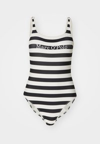 Maillot de bain une pièce avec des rayures horizontales noires et blanches, décolleté carré et texte logo "Marc O'Polo" à l'avant. Texture de tissu lisse.