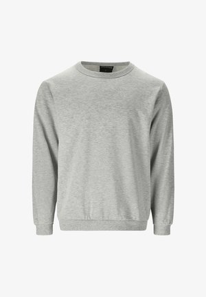 Grauer Sweatshirt aus weichem Stoff, mit Rundhalsausschnitt, langen Ärmeln und gerippten Bündchen und Saum. Klassisches, lässiges Fit-Design.