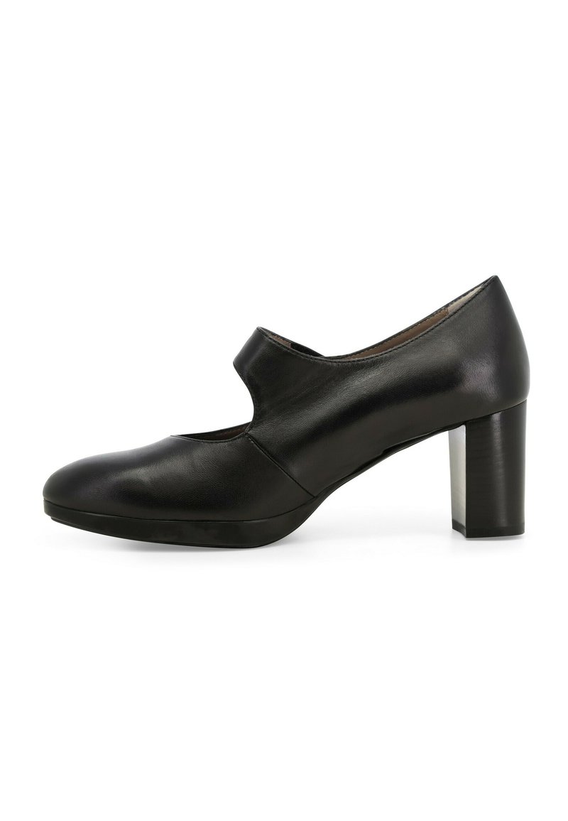 Scarpa nera in pelle con tacco alto, punta arrotondata, design con ritagli nella parte anteriore e tacco spesso. Superficie liscia e silhouette elegante.