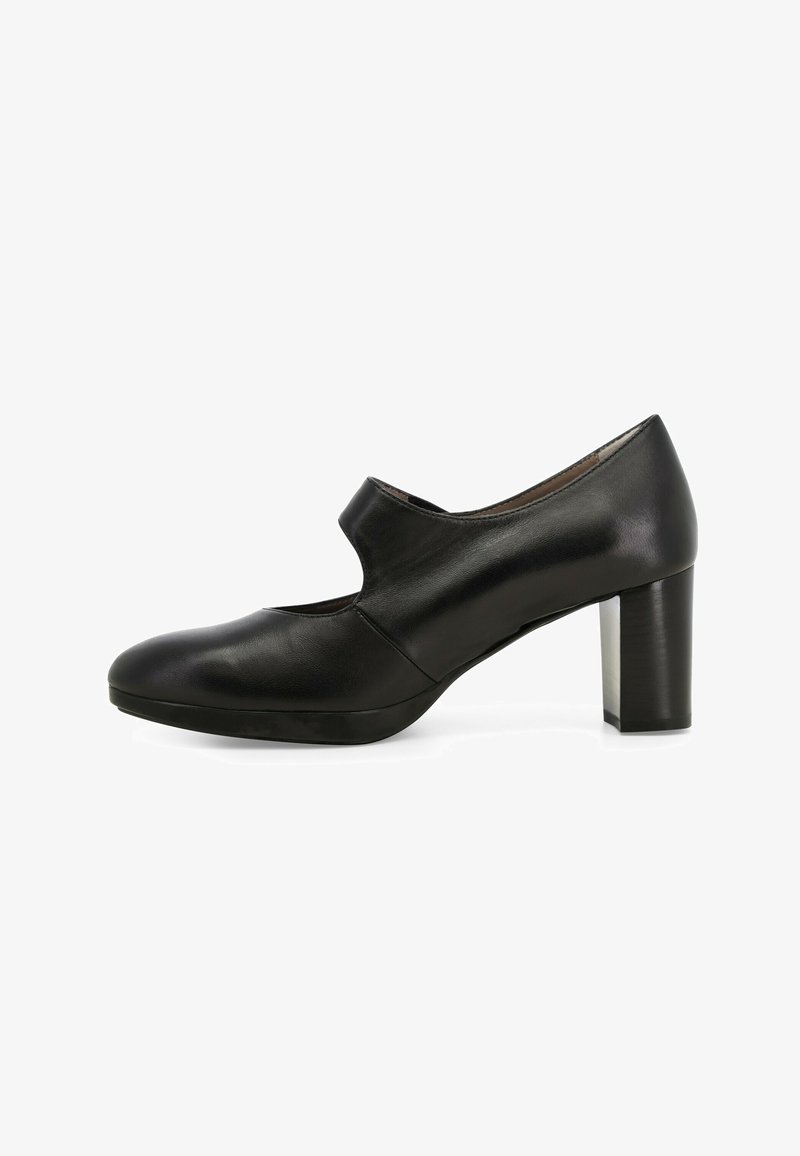 Scarpa nera in pelle con tacco alto, punta arrotondata, design con ritagli nella parte anteriore e tacco spesso. Superficie liscia e silhouette elegante.
