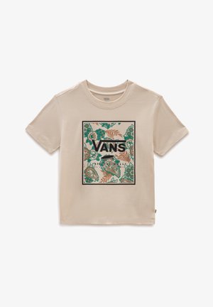 Beige Vans -t-paita, jossa on vihreä- ja ruskeasävyinen kukkakuosi Vans-logon ympärillä ja keskellä teksti "Off The Wall".