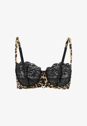 Leopard print bra with black lace detailing. Features underwire support, adjustable straps, and a center front accent.
