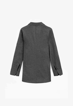 Grijze, lange mouwen shirt met een kraag, voorzien van een rechte snit en zijsplitten, gemaakt van een gestructureerde stof met knoopsluiting bij de manchetten.