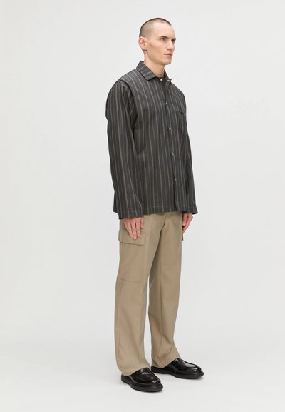 Chemise à rayures gris foncé, manches longues et coupe décontractée, associée à un pantalon cargo beige avec des poches latérales et des chaussures noires.