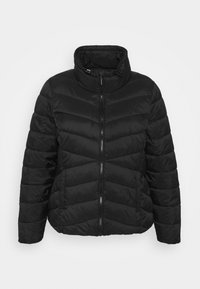 Schwarze Daunenjacke mit hohem Kragen, diagonal gequiltetem Design, Frontreißverschluss und einer glatten, glänzenden Textur.