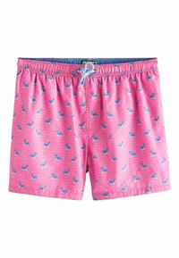 Rožiniai maudymosi šortai su mėlynu flamingo raštu, elastinga juosta ir raišteliu. Lengvas audinys su bangų tekstūros dizainu.