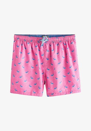 Lyserøde badebukser med et blåt flamingomønster, elastisk talje og snor. Letvægtsstof med et bølget teksturdesign.
