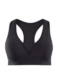 Sujetador deportivo negro hecho de una tela elástica, con un diseño de escote en V, forma de espalda nadadora y costuras reforzadas sin aros.