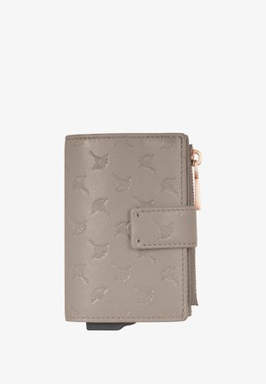 Graue synthetische Geldbörse mit eingeprägtem Vogelmuster, Reißverschluss und einem kleinen Druckknopfverschluss. Verfügt über ein kontrastierendes schwarzes Basisdetail.