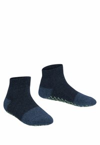 Marineblaue kurze Socken mit einem strukturierten Muster und grünen Gummibeschichtungen an der Sohle. Verfügt über einen gerippten Bund für einen sicheren Sitz.