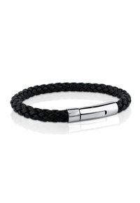 Pulsera de cuero trenzado negro con un elegante cierre en tono plateado de diseño estilizado y textura suave.