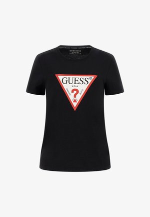 T-shirt en coton noir à manches courtes, arborant un logo graphique triangulaire rouge avec "GUESS® U.S.A." et un design de point d'interrogation.