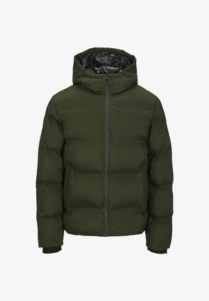 Dark green padded winter jacket with hood, front zipper, and black inner lining on the hood, displayed on a white background.