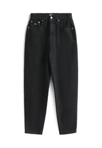 Jean noir taille haute fuselé avec poches avant et arrière, bouton argenté et petit logo de la marque sur la poche avant droite.