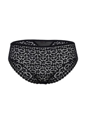 Perizoma in pizzo nero con un intricato motivo floreale, morbido al tatto e con una vita elastica per una vestibilità comoda.