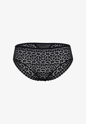 Perizoma in pizzo nero con un intricato motivo floreale, morbido al tatto e con una vita elastica per una vestibilità comoda.