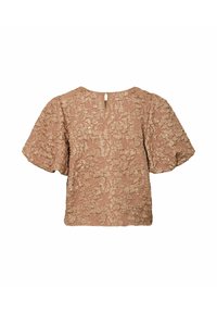 Blusa corta a maniche corte in beige tenue con un motivo floreale, dotata di un'apertura a chiave sulla schiena e una vestibilità ampia e rilassata.