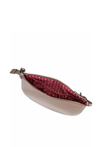 Helle rosa Lederpouch mit gewölbter Form. Verfügt über einen Reißverschluss und ein gemustertes bordeauxrotes Innenfutter mit gerafftem Rand.