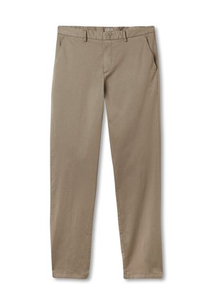 Beige gerade geschnittene Hose aus Baumwolltwill mit Seitentaschen und flachem Frontdesign sowie einer glatten Textur.