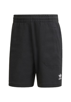 Sorte atletiske shorts lavet af tekstureret stof. Elastisk talje med et lille hvidt Adidas-logo nederst til højre. To sidelommer.