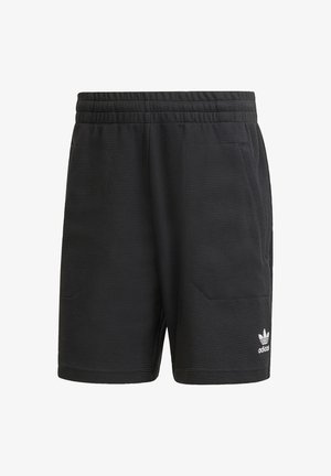 Čierne atletické šortky vyrobené z textúrovanej tkaniny. Elastický pás s malým bielym logom Adidas na dolnej pravej strane. Dva bočné vrecká.