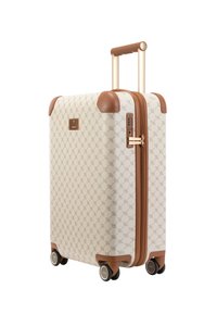 Op wielen gebaseerde koffer met een crèmekleurig patroon aan de buitenkant, bruine leren accenten en een uitschuifbare gouden handgreep. Beschikt over een combinatieslot en vier wielen.