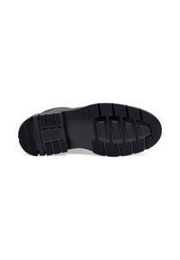 Suola di scarpa nera in gomma con un motivo testurizzato e rigato per una maggiore aderenza. La forma è rettangolare con scanalature allungate per una maggiore flessibilità.