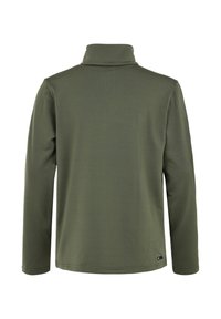 Olivegrüner Langarm-Pullover mit hohem Kragen, aus glattem, dehnbarem Stoff; ausgestattet mit flachen Nähten und einem kleinen Logo an der unteren Seite.
