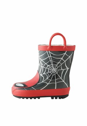 Child's black and red rain boot with white spiderweb design and Spider-Man face detail on the toe, featuring a red handle at the top.