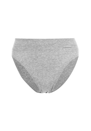 Graue Baumwoll-Slips mit breitem Bund und einem kleinen rechteckigen Etikett auf der rechten Seite.