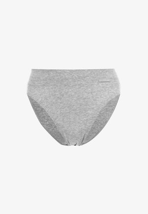 Grijze katoenen slip met een brede tailleband en een klein rechthoekig label aan de rechterkant.