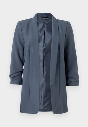 Gray blazer with a smooth texture, open front, and folded sleeves. Interior features a contrasting satin finish, minimalistic design.