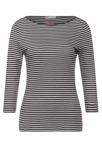 Randig långärmad topp i mörkgrått och vitt, med rund halsringning och en slim fit, tillverkad av ett mjukt och stretchigt tyg.